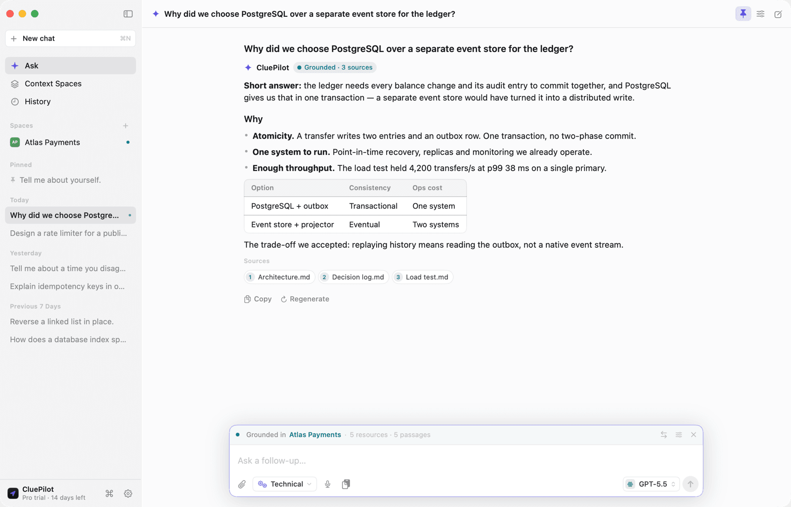 A Technical-mode answer in light mode, grounded in a project's documents.