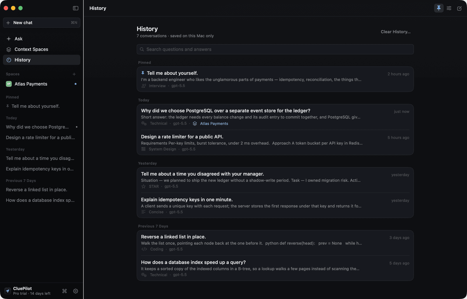 History grouped by date, with each conversation's mode, model and project.