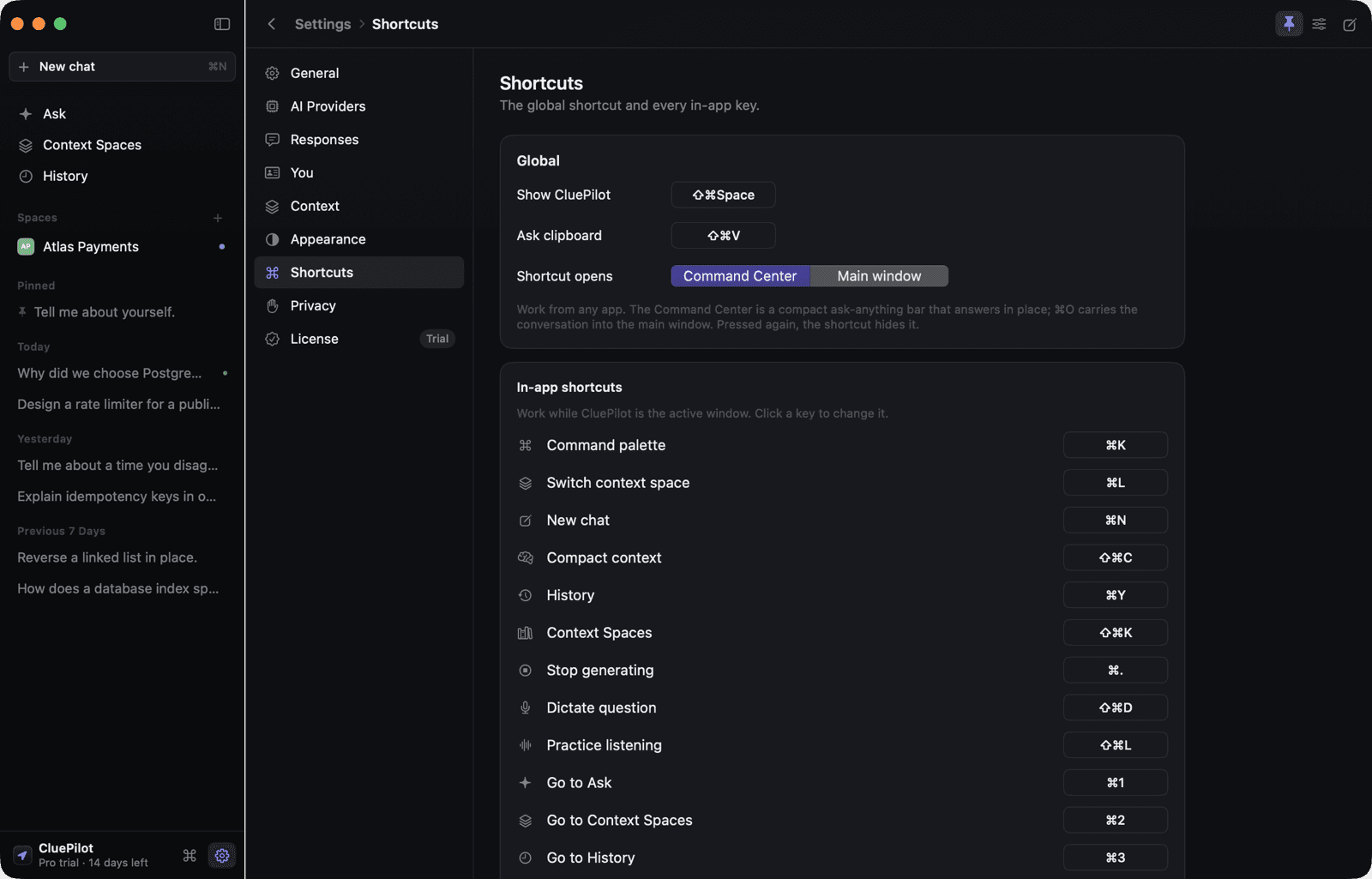 Settings ▸ Shortcuts: the global shortcut, every in-app key, and the composer keys.